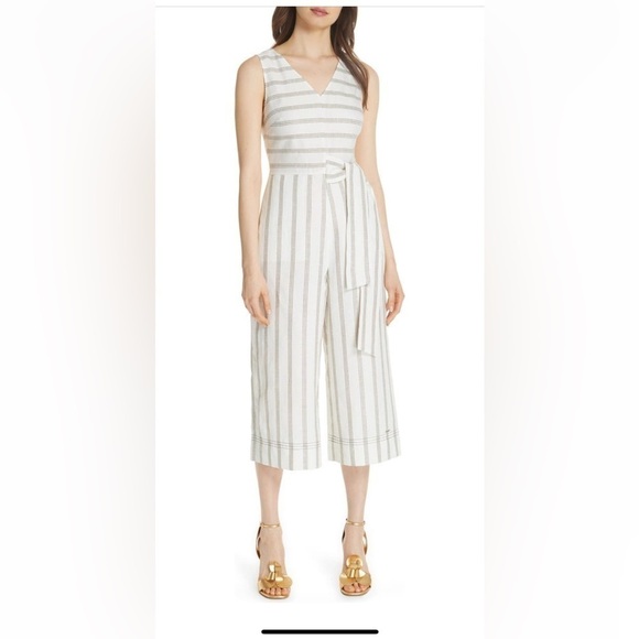 Ted Baker SMALL Zelma cropped striped vneck linen blend jumpsuit wide leg - Picture 1 of 13
